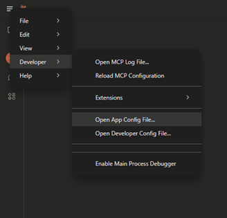 "Image shows the Claude Desktop Application menu with Developer, Open App Config File... highlighted"